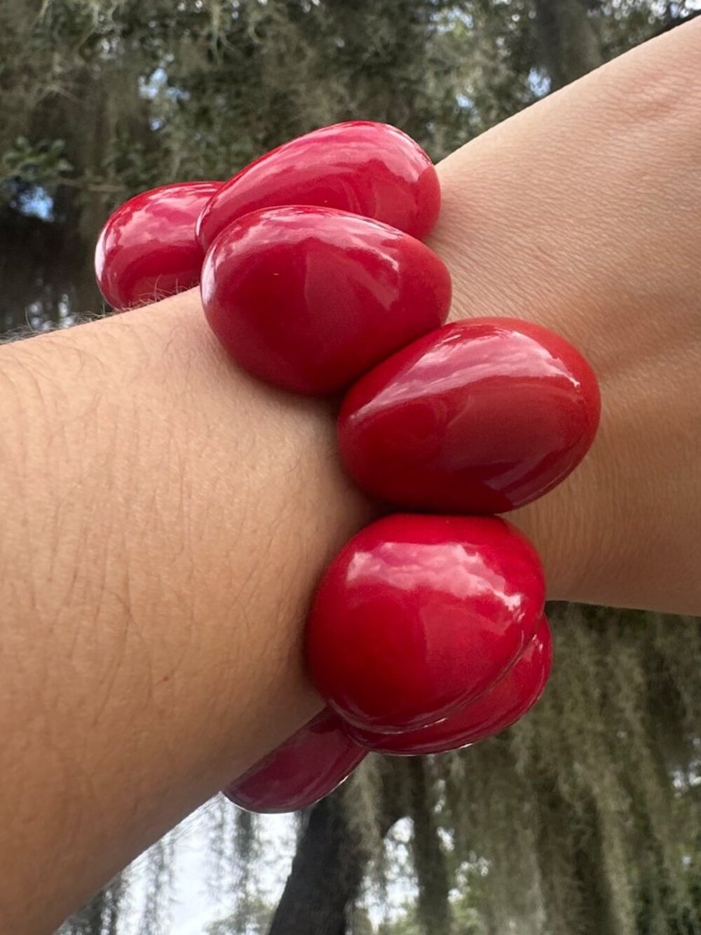 Handmade Red Tagua Nut Chunky Stretch Bracelet Ecuador Vegetable Ivory